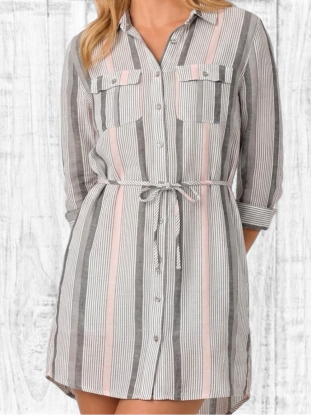 Charlotte Russe Striped Shirt Dress Medium Pink Black White Tie Waist Mini
